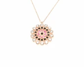 925 Ayar Gümüş Yuvarlak Taşlı Kolye, Pembe - Siyah Kırmızı Beyaz Taş thumbnail 4