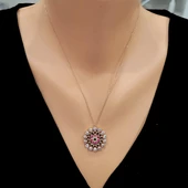 925 Ayar Gümüş Yuvarlak Taşlı Kolye, Pembe - Siyah Kırmızı Beyaz Taş thumbnail 1