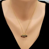 925 Ayar Gümüş 3 Taşlı Kolye, Pembe - Turuncu, Siyah Taş thumbnail 1