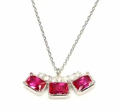 925 Ayar Gümüş 3 Taşlı Kolye, Beyaz - Kırmızı, Beyaz Taş thumbnail 2