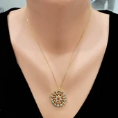 925 Ayar Gümüş Yuvarlak Taşlı Kolye, Sarı - Ateş Kırmızısı Beyaz Taş thumbnail 1