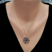 925 Ayar Gümüş Yuvarlak Taşlı Kolye, Pembe - Siyah Beyaz Taş thumbnail 1