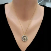 925 Ayar Gümüş Yuvarlak Taşlı Kolye, Sarı - Siyah Mavi  Beyaz Taş thumbnail 1