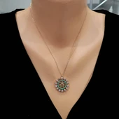 925 Ayar Gümüş Yuvarlak Taşlı Kolye, Pembe - Kırmızı Sarı Yeşil Beyaz Taş thumbnail 1