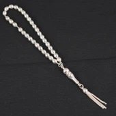 925 Ayar Gümüş Arpa Kesim Desenli Tesbih, İmame, Beyaz thumbnail 2