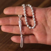 925 Ayar Gümüş Arpa Kesim Desenli Tesbih, İmame, Beyaz thumbnail 1