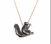 925 Ayar Gümüş Sincap Kolye - Pembe - Siyah thumbnail 2