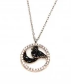 925 Ayar Gümüş Ay ve Kuş Kolye, Beyaz - Siyah Taş thumbnail 3