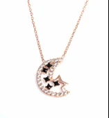 925 Ayar Gümüş Ay Dede ve Yıldızlar Kolye, Pembe - Siyah, Beyaz Taş thumbnail 1