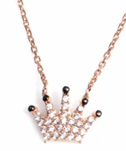 925 Ayar Gümüş Taç Kolye, Pembe, Siyah - Beyaz Taş thumbnail 1