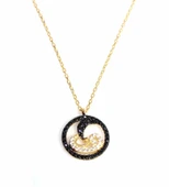 925 Ayar Gümüş Çemberli Vav ve Ay Kolye, Sarı thumbnail 3