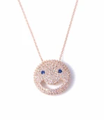 925 Ayar Gümüş Gülen Yüz Kolye, Pembe - Beyaz, Mavi Taş thumbnail 1