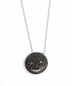 925 Ayar Gümüş Gülen Yüz Kolye, Beyaz - Siyah Yeşil Taş thumbnail 1