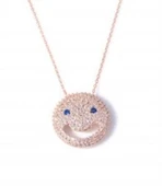 925 Ayar Gümüş Gülen Yüz Kolye, Pembe - Beyaz, Mavi Taş thumbnail 2