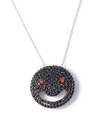 925 Ayar Gümüş Gülen Yüz Kolye, Beyaz - Siyah Kırmızı Taş thumbnail 1