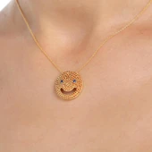 925 Ayar Gümüş Gülen Yüz Kolye, Sarı - Kırmızı, Mavi Taş thumbnail 1