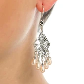 925 Ayar Gümüş Baklava Desenli İnci Taşlı Küpe thumbnail 1