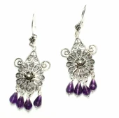 925 Ayar Gümüş Çiçek Modeli Ametist Taşlı Telkari Küpe thumbnail 2