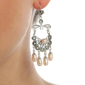 925 Ayar Gümüş Yelpaze Desenli İnci Sallantılı Telkari Küpe thumbnail 1