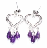 925 Ayar Gümüş Kalp Modeli Damla Ametist Taşlı Telkari Küpe thumbnail 3