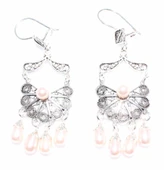 925 Ayar Gümüş Yelpaze Desenli İnci Sallantılı Telkari Küpe thumbnail 2