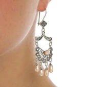 925 Ayar Gümüş Yelpaze Desenli İnci Taşlı Telkari Küpe thumbnail 1