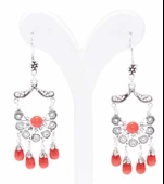 925 Ayar Gümüş Mercan Taşlı Yelpaze Desenli Telkari Küpe thumbnail 2