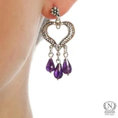 925 Ayar Gümüş Kalp Modeli Damla Ametist Taşlı Telkari Küpe thumbnail 1