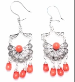 925 Ayar Gümüş Mercan Taşlı Yelpaze Desenli Telkari Küpe thumbnail 1