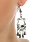 925 Ayar Gümüş Yelpaze Desenli Siyah İnci Taşlı Telkari Küpe thumbnail 1