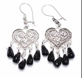 925 Ayar Gümüş Kalp Modeli Damla Oniks Taşlı Telkari Küpe thumbnail 1