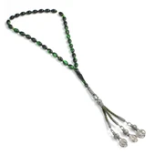 1000 Ayar Gümüş Püskül ve Yeşil Renk Sıkma Kehribar Taşlı Tesbih thumbnail 4