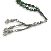 1000 Ayar Gümüş Püskül ve Yeşil Renk Sıkma Kehribar Taşlı Tesbih thumbnail 3