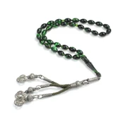 1000 Ayar Gümüş Püskül ve Yeşil Renk Sıkma Kehribar Taşlı Tesbih thumbnail 1