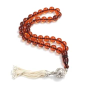 925 Ayar Gümüş Püsküllü Kırmızı Sıkma Kehribar Tesbih thumbnail 1