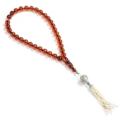 925 Ayar Gümüş Püsküllü Kırmızı Sıkma Kehribar Tesbih thumbnail 2