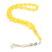 925 Ayar Gümüş Sarı Kehribar Badem Taşlı ve Gümüş Püsküllü Tesbih thumbnail 1