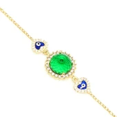 925 Ayar Gümüş Yeşil Taşlı Kalp Modeli Zincir Bileklik, Sarı thumbnail 4