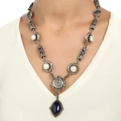 925 Ayar Gümüş Antik Bizans Dönemi Lapis ve İnci Kolye thumbnail 1