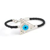 925 Ayar Gümüş Üçgen Nazar Boncuklu Deri İpli Bileklik thumbnail 1