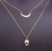 925 Ayar Gümüş Hilal ve Damla Çift Zincirli Kolye, Sarı thumbnail 4