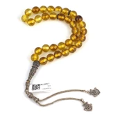 Gümüş Sarı Renk Sıkma Kehribar Tesbih thumbnail 1