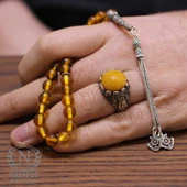 Gümüş Sarı Renk Sıkma Kehribar Tesbih thumbnail 7