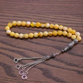 925 Ayar Gümüş Sarı Rengi Sıkma Kehribar Tesbih, Ay yıldız Püskül thumbnail 6