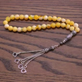 925 Ayar Gümüş Sarı Rengi Sıkma Kehribar Tesbih, Ay yıldız Püskül thumbnail 3