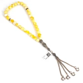 925 Ayar Gümüş Sarı Rengi Sıkma Kehribar Tesbih, Ay yıldız Püskül thumbnail 2