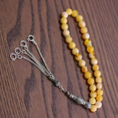 925 Ayar Gümüş Sarı Rengi Sıkma Kehribar Tesbih, Ay yıldız Püskül thumbnail 4