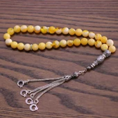 925 Ayar Gümüş Sarı Rengi Sıkma Kehribar Tesbih, Ay yıldız Püskül thumbnail 5