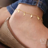 925 Ayar Gümüş Yaprak Modeli Halhal Bileklik, Sarı thumbnail 4