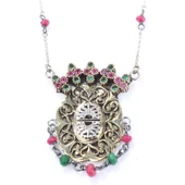 925 Ayar Gümüş ve Bronz Karışımı Yakut ve Zümrüt Taşlı Oval Otantik Kolye thumbnail 2